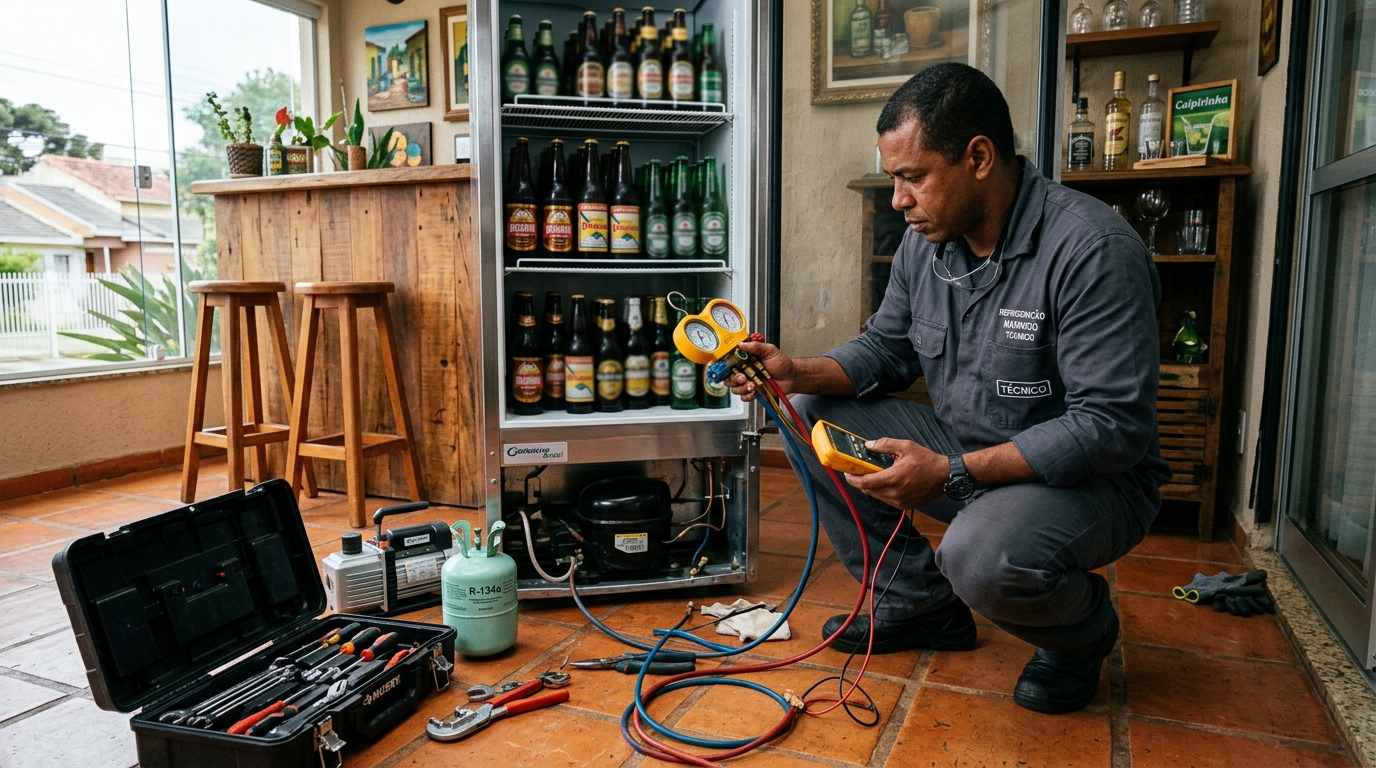 Técnico realizando manutenção de motor de cervejeira em Uberaba‑MG