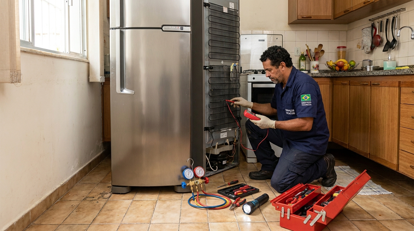 Técnico realizando manutenção de motor de geladeira no Conjunto Maringá I, Uberaba‑MG