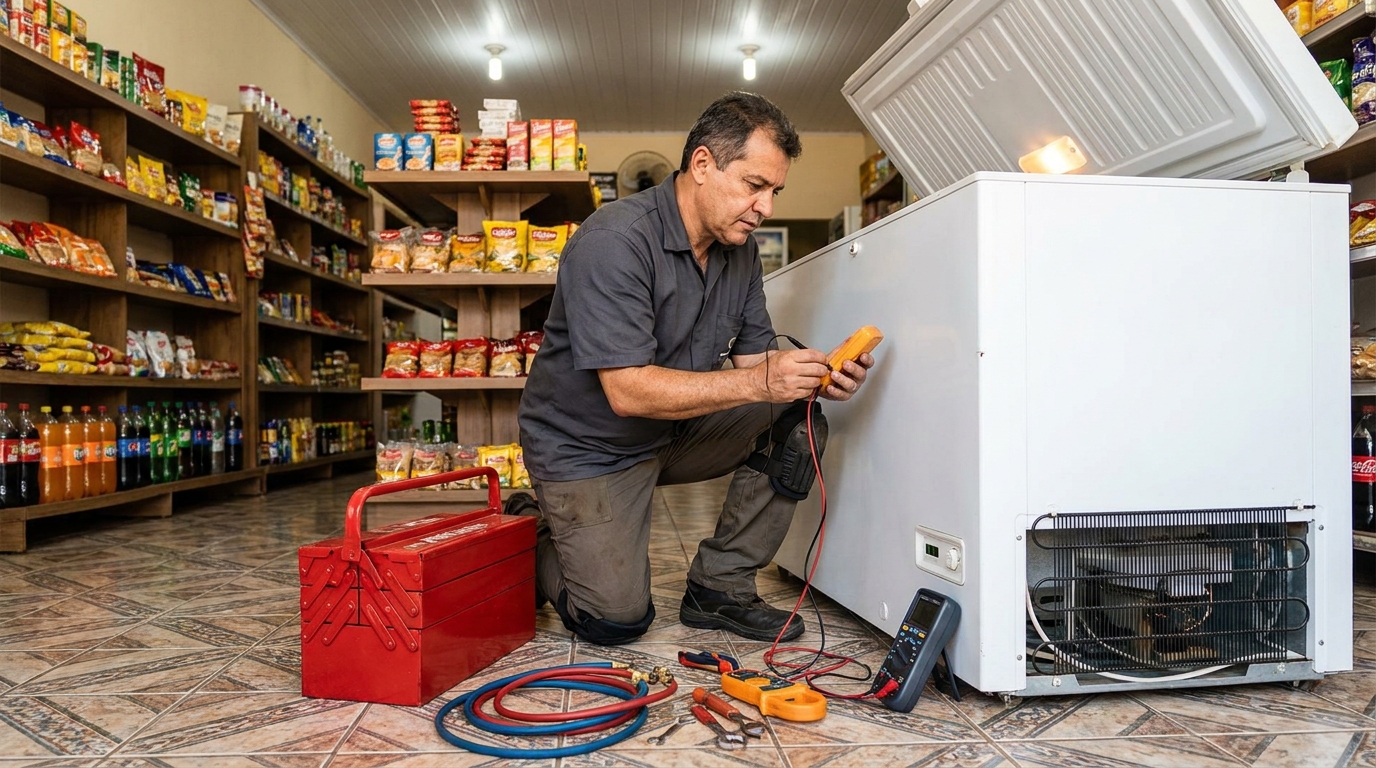 Recarga de gás refrigerante em freezer em atendimento no Morumbi, Uberaba‑MG