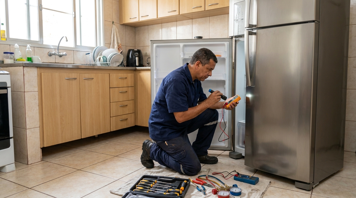 Recarga de gás refrigerante de geladeira em atendimento no Conjunto Maringá I, Uberaba‑MG