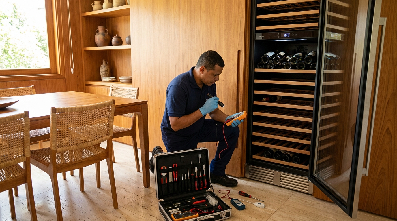 Troca de termostato de adega climatizada em atendimento técnico na Morada do Sol, Uberaba‑MG