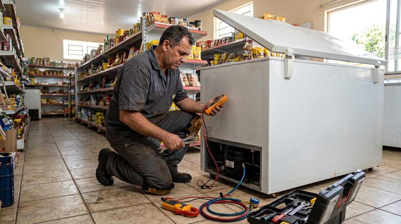 Troca de termostato de freezer em atendimento técnico no Morumbi, Uberaba‑MG